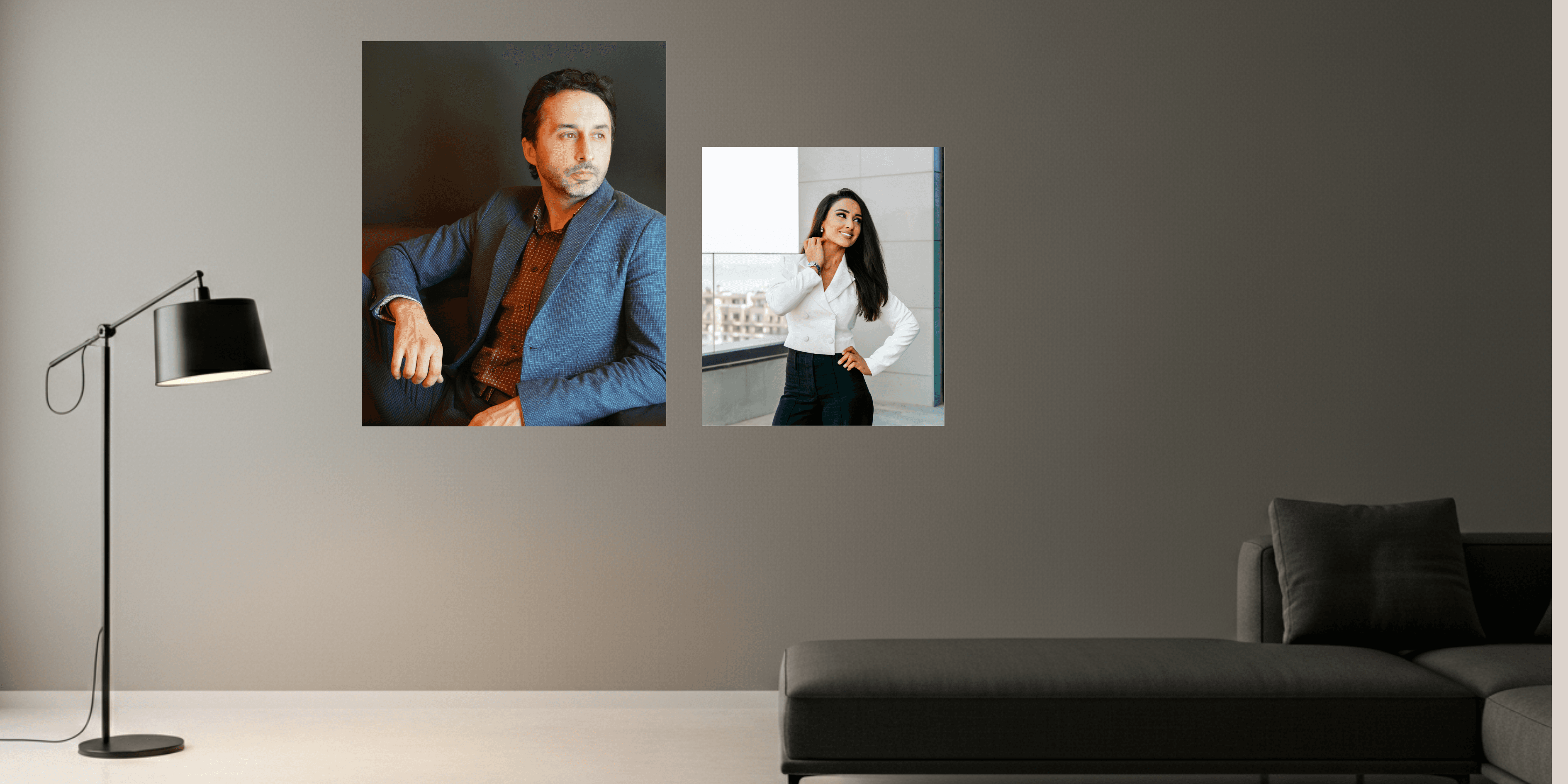 Landscape acrylic print in a living room — before and after